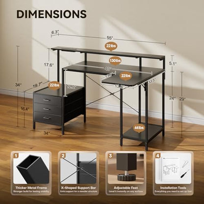 55 Inch Computer Desk for Home Office, Gaming Computer Desk with Printer Shelf, Storage Drawers, Power Outlets, Monitor Stand & LED Strip, Foldable L Shaped Gaming Table (Black)