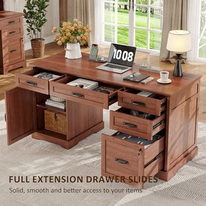 55'' Farmhouse Desk Home Office with Drawers, Brown, view 6