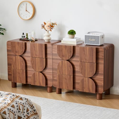 3 Drawer Nightstand Set of 2, Walnut Wooden Dresser with Curved Profile, Mid-Century Modern Bedside Cabinet for Bedroom Living Room Entryway, 31.5" W x 15.75" D x 29.1" H