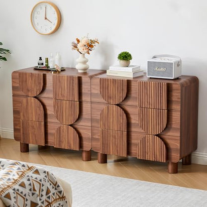 3 Drawer Nightstand Set of 2, Walnut Wooden Dresser with Curved Profile, Mid-Century Modern Bedside Cabinet for Bedroom Living Room Entryway, 31.5" W x 15.75" D x 29.1" H