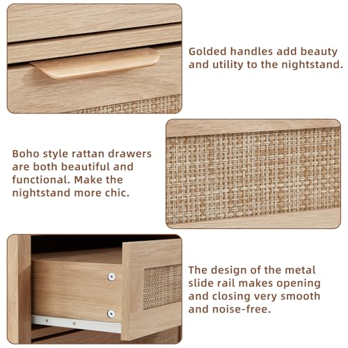 26.8" Wide Rattan Nightstand, Large Boho 3 Drawer Night Stand, Natural Wood Bedside Table with Storage, Tall Bed Side End Tables for Bedroom, Living Room, Hallway