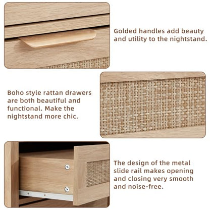 26.8" Wide Rattan Nightstand, Large Boho 3 Drawer Night Stand, Natural Wood Bedside Table with Storage, Tall Bed Side End Tables for Bedroom, Living Room, Hallway