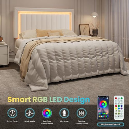Full Size Velvet Bed Frame with LED Light, White, view 5