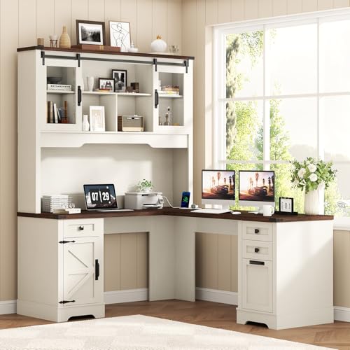 68.9'' Farmhouse L Shaped Desk with Hutch and Drawers, view 2
