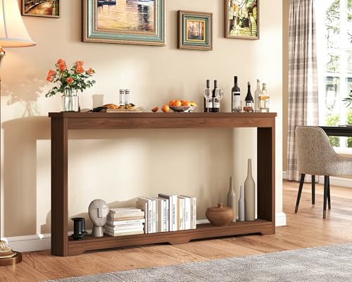 Modern 70 Inch Entryway Table Narrow - Behind Sofa Table Narrow, 8 Inch Deep Console Table Behind Couch with Open Storage, Walnut Entryway Table for Hallway, Foyer, Living Room