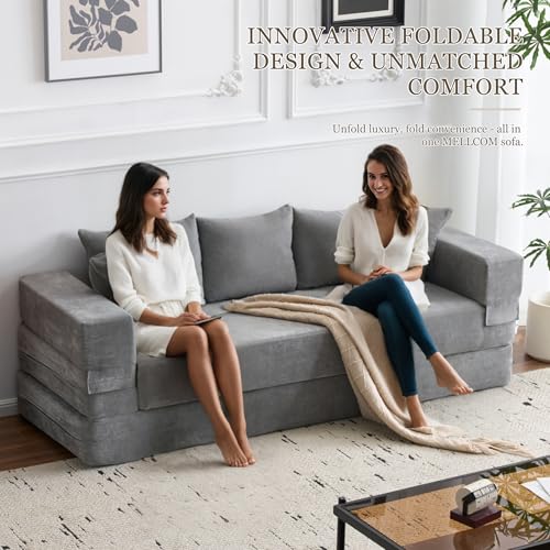 79" Convertible Folding Sofa Bed Queen, Sleeper Sofa Couch with Armrest and Pillows, Chenille Fold Out Floor Chaise Lounge, Comfy Foldable Futon Mattress for Living Room, Bedroom (Grey 7.87")