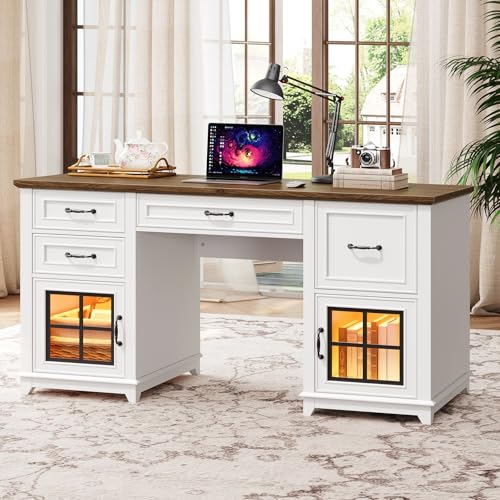 58" Farmhouse Desk with Drawers, Executive Desk with Power Outlet, view 2