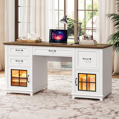 58" Farmhouse Desk with Drawers, Executive Desk with Power Outlet, view 2
