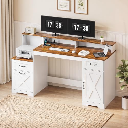 63 Inch Farmhouse Computer Desk with Drawers & Power Outlets, view 2