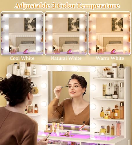 Vanity Desk, Makeup Vanity Desk with Mirror and Lights 3 Colors, view 6