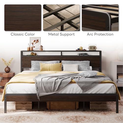 California King Bed Frames with 2-Tier Storage Shelf Headboard, view 7