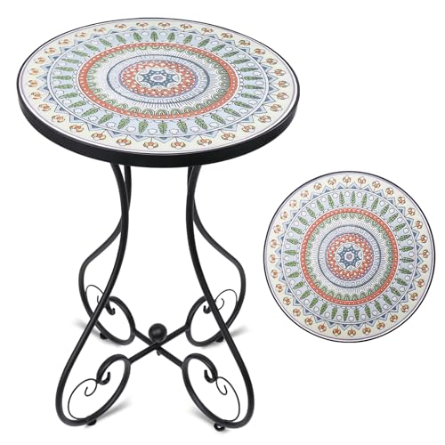Mosaic Outdoor Side Table, Round Rustproof Patio Tables with 14" Ceramic Tile Top, Indoor Porch Accent Table for Yard, Garden, Living Room, Bistro Balcony, Green