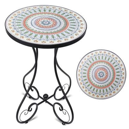 Mosaic Outdoor Side Table, Round Rustproof Patio Tables with 14" Ceramic Tile Top, Indoor Porch Accent Table for Yard, Garden, Living Room, Bistro Balcony, Green