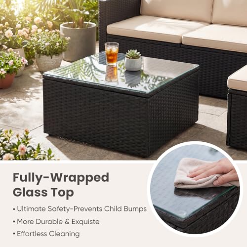 Patio Sofa,Outdoor Furniture Set 4 Pieces,Wicker Sectional Couch with Glass Desktop and 75.9in Wide Backrest for Backyard, Deck,Porch & Poolside(Black)