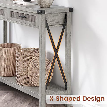 Farmhouse Entryway Table, Grey Console Table with Rattan Drawers, 43" Sofa Table with Storage, Console Tables for Entryway, Living Room, Hallway, Foyer-Grey