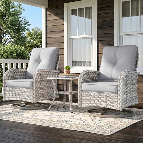 3-Piece Small Patio Furniture Set, Outdoor Swivel Rocking Chairs Set with Wicker Chairs and Tempered Glass Side Table, Outdoor Furniture Patio Bistro Set for Balcony, Deck, Porch