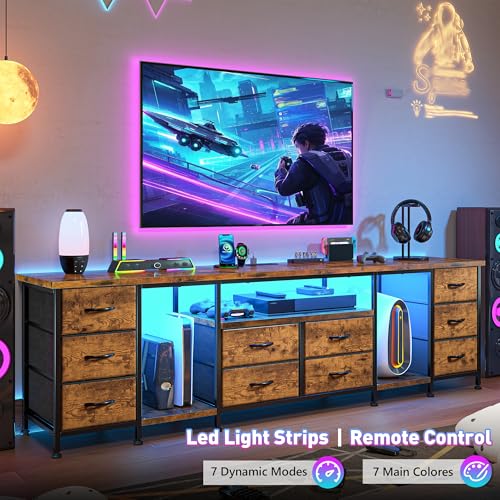 75.5" Long TV Stand for 85/80/75" TVs with LED, Power Outlets & 10 Drawers | Rustic Brown Television Stands with 2 Separate Wood Shelves, Spacious Storage,Sturdy Metal Frame for Bedroom Living Room