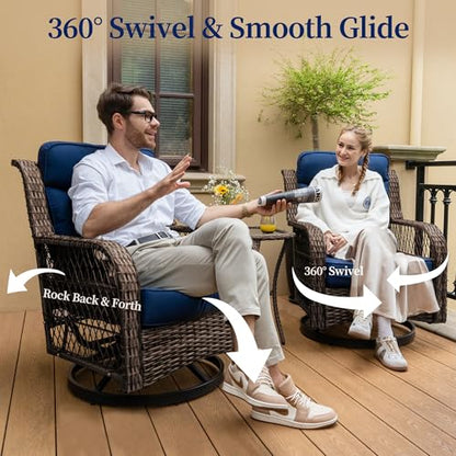 Outdoor Swivel Chairs 3 Piece Wicker Rocking Chairs Set Patio Furniture Set with Rattan Side Table Rocker Bistro Sets for Outside Porch Backyard (5" Thick Cushions and 25" Full Support Back)