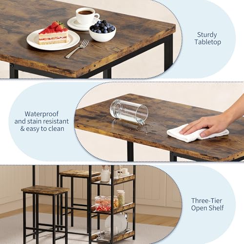 3-Piece Kitchen Table Set with Storage Shelves & 2 Bar Stools - Iron and Wood Dining Table for Small Spaces, Apartments, Condos, Rustic Brown