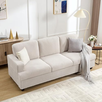85 Inch Sofa with Side Pocket, Corduroy Fabric 3 Seater Couch for Living Room, Comfy Modern Small Couch for Bedroom, Small Spaces, Dorms, Office, Beige