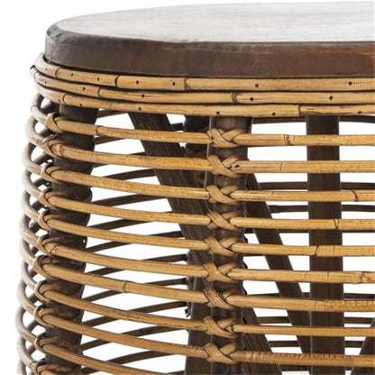 SAFAVIEH Furniture - Maui Rattan Drum Stool Table - Honey Brown-Wash & Teak Brown - Rattan - Coastal Woven Design - Fully Assembled - Ideal for Living Room, Bedroom, Patio - Fully Assembled (STL6500B)