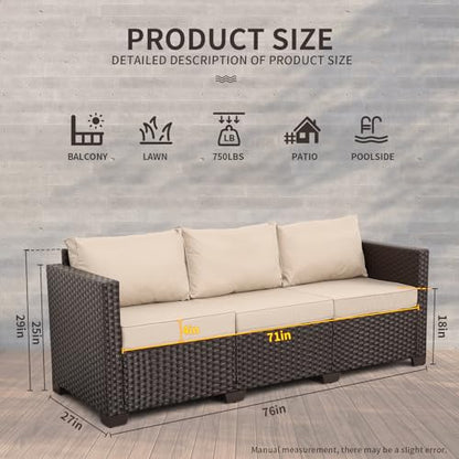 Patio Couch PE Rattan 3-Seat Outdoor Sofa Brown Wicker Furniture Set Deep Seating with Anti-Slip Beige Cushion