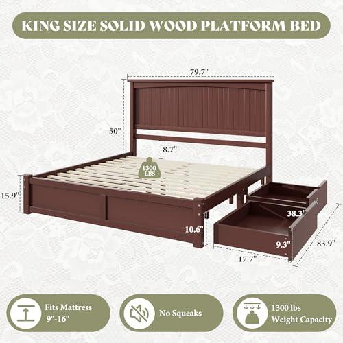 Solid Wood King Storage Bed Frame with 2 Drawers, Espresso, view 3