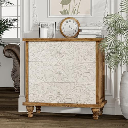 3 Drawer Farmhouse Dresser with Embossed Weathered Flower Motif, Vintage Nightstand for Bedroom, Almost Fully-Assembled, Boho, Natural Wood, White