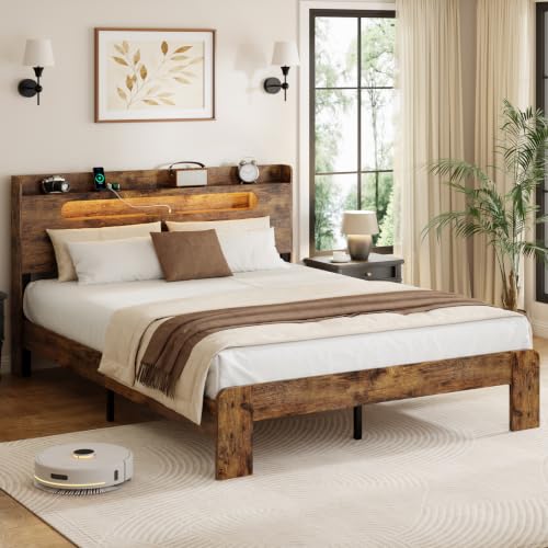 Rustic Brown 2-tier bed frame with charging station and light, view 2