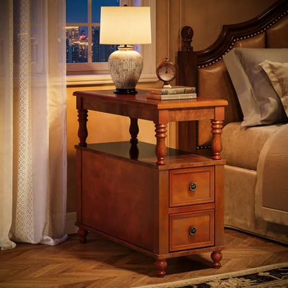 Tribesigns Solid Wood Nightstand with 2 Drawers, Mid-Century Modern Night Stand with Open Storage Shelf, Vintage Bedside Table for Bedroom, Easy to Assemble (1, Walnut)