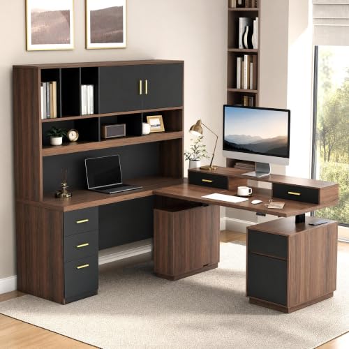 86.6" L Shaped Executive Standing Desk with Hutch and File Cabinet, view 4