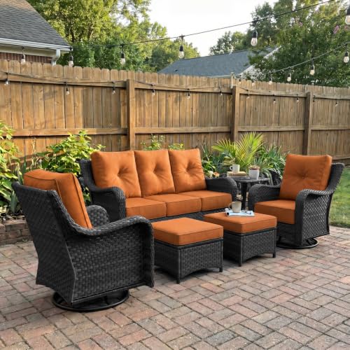6 Piece Wicker Outdoor Furniture Set with 6-inch Comfy Cushions, High Back Patio Furniture Set with Swivel Rocking Chairs and Side Table