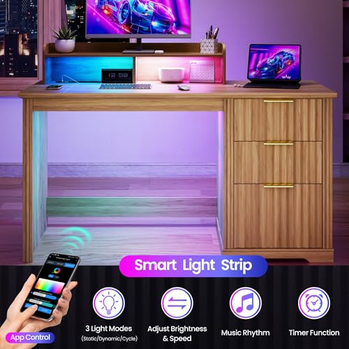 Computer Desk with Monitor Stand, 47 inch Home Office Desk with RGB LED Lights and Power Outlets, Writing Desk with Storage File Drawer for Working Gaming Writing, Wood