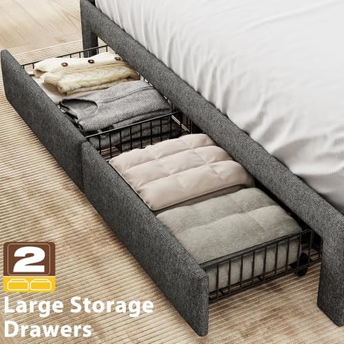 King Size Bed Frame with 2 Storage Drawers, Upholstered Headboard, LED Light, view 6
