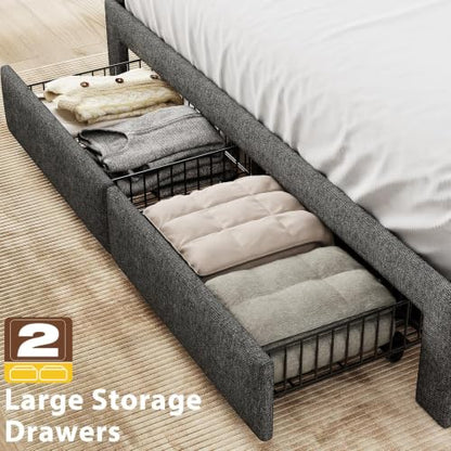 King Size Bed Frame with 2 Storage Drawers, Upholstered Headboard, LED Light, view 6