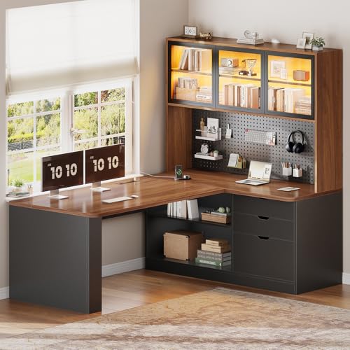 L Shaped Computer Office Desk with 3 Wood Drawer and Large Bookshelf, view 2