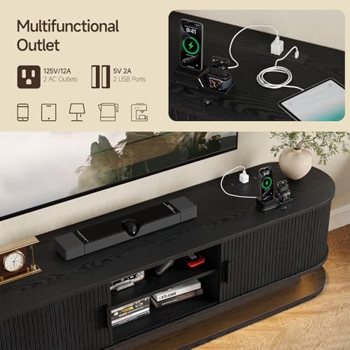 70" TV Stand up to 80 Inch with LED Lights and Power Outlet, Black, view 6