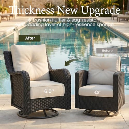 10 Piece Wicker Outdoor Furniture Set with 6-inch Comfy Cushions, High Back Patio Furniture Set with Swivel Rocking Chairs and Fire Pit Table