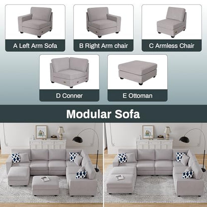 Oversized Modular Sectional Sofa,U/L‑Shaped Reversible Couch with Ottoman,Deep Seat Plush Polyester Sofa for Living Room,8‑Seater,Light Grey