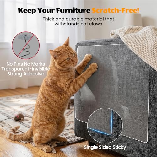 200" x 16.5" Anti Cat Scratch Furniture Protector, Single-Sided Sticky Couch Protector from Cats Claws, Couch Corner Guard Under Pet Claws, Thicken Viny Flexible Scratch Deterrent Tape