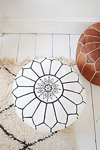 Premium Moroccan Leather Pouf Cover - Round & Large Ottoman Footstool Cover with Embroidery - Cover ONLY - Perfect for The Living Room Bedroom, Kids Room, Gift & Wedding (White By Black)