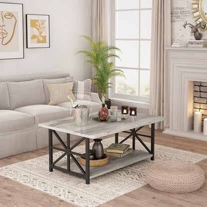 Gray Coffee Table for Living Room with Round Corners, 2 Tier Living Room Table with Storage Shelf,Rectangular Coffee Table Center Table for Small Spaces,Easy Assembly