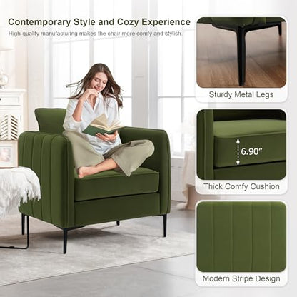 Olive Green Velvet Accent Chairs Set of 2, Modern Upholstered Accent Chair Comfy Velvet Armchair with Thick Cushion and Wood Frame, Single Sofa/Side Chair for Living Room Bedroom Office