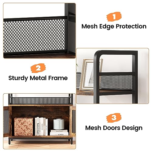 Bookshelf with Doors Industrial Bookcase with 4 Tiers Open Storage Shelf 70.87 in Tall Bookshelves Rustic Display Rack Cabinet for Bedroom, Living Room, Home Office, Brown