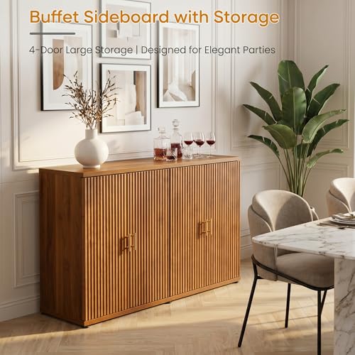 Walnut Accent Fluted Sideboard Buffet Cabinet with Storage and 4 Doors, view 6
