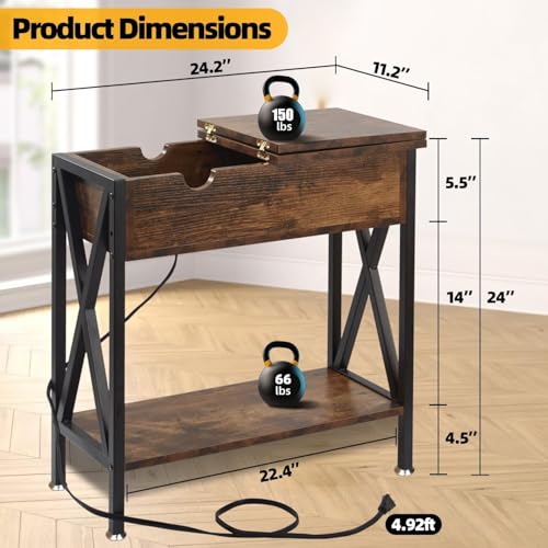 End Tables Living Room Set of 2 with Charging Station, 12"D x 24"W x 24"H | Flip Top End Table with USB Ports and Outlets, Skinny Table for Small Space, End Table with Steel X-Shaped Frame,Rustic Brown
