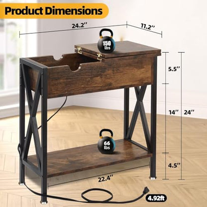End Tables Living Room Set of 2 with Charging Station, 12"D x 24"W x 24"H | Flip Top End Table with USB Ports and Outlets, Skinny Table for Small Space, End Table with Steel X-Shaped Frame,Rustic Brown