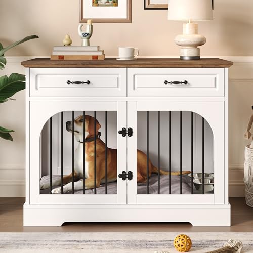 43.3" Farmhouse Dog Crate Furniture with Rotating Bowls & Drawers – Wooden, view 2
