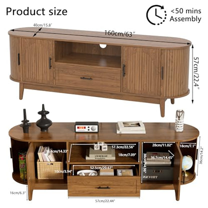 63" Fluted TV Stand for Tvs up to 70" Entertainment Center with Drawers, view 3