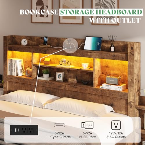 King Bed Frame with Bookcase Headboard & Storage, Rustic Brown, view 5